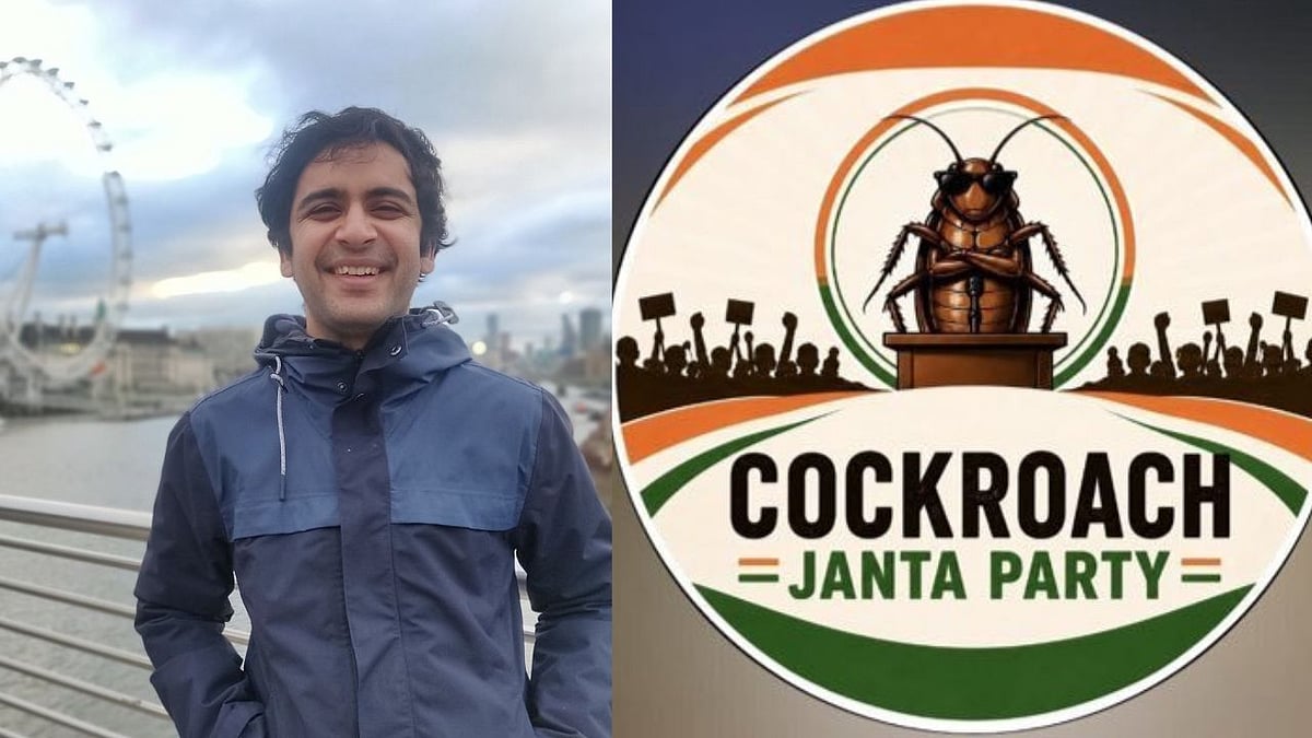 Ashutosh Ranka, Cockroach Janta Party spokesperson, alongside the party's official cockroach-on-a-podium crest